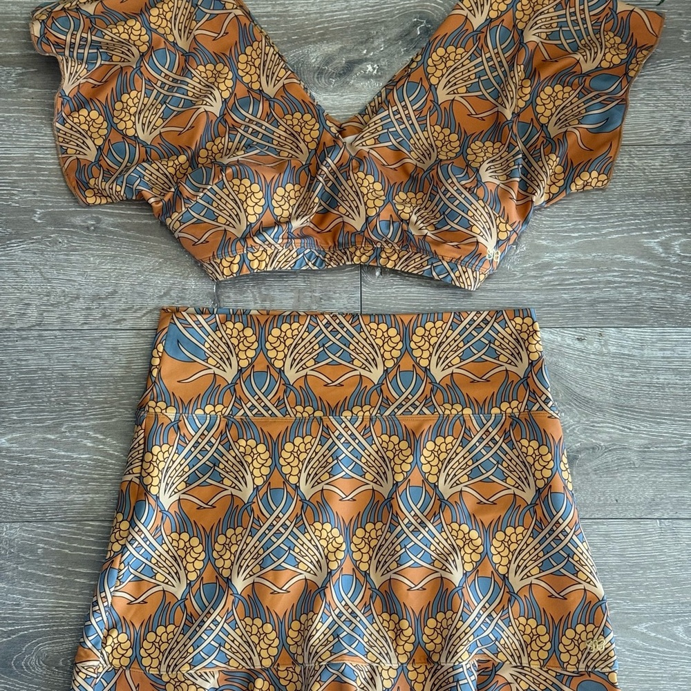 Albion Golden Hour Two-Piece Printed Cape swim Top & high waist Skirt Swim set